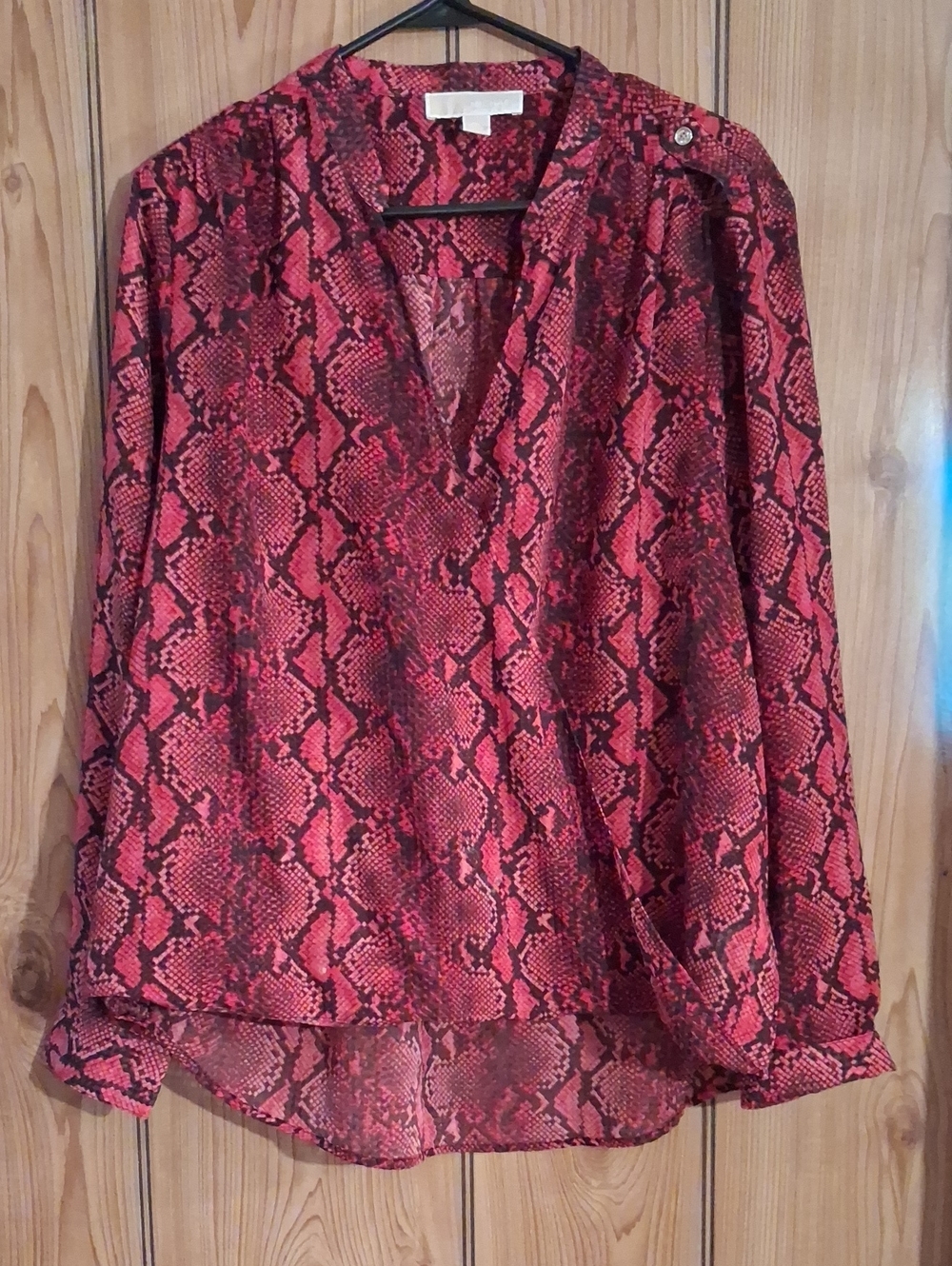 Michael Kors Red Snake-Print V-Neck Blouse with Shoulder Button